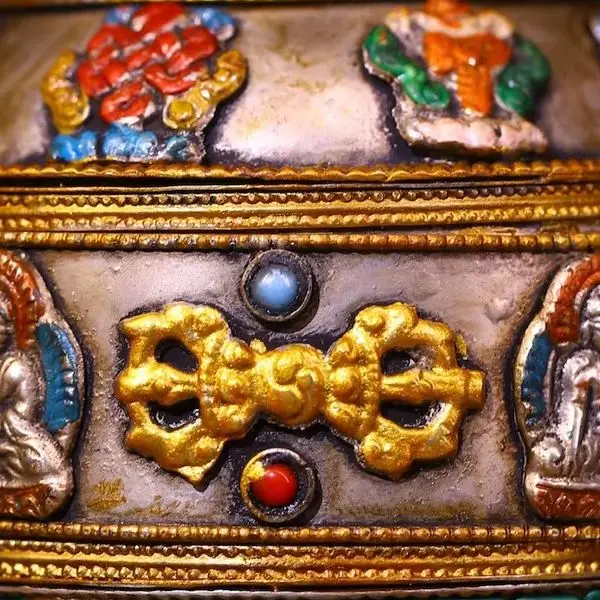 

6-дюймовая немецкая народная старая бронзовая роспись мозаика драгоценный камень gZi бусины бирюзовый узор Будды молитвенное колесо старые Священные Писания