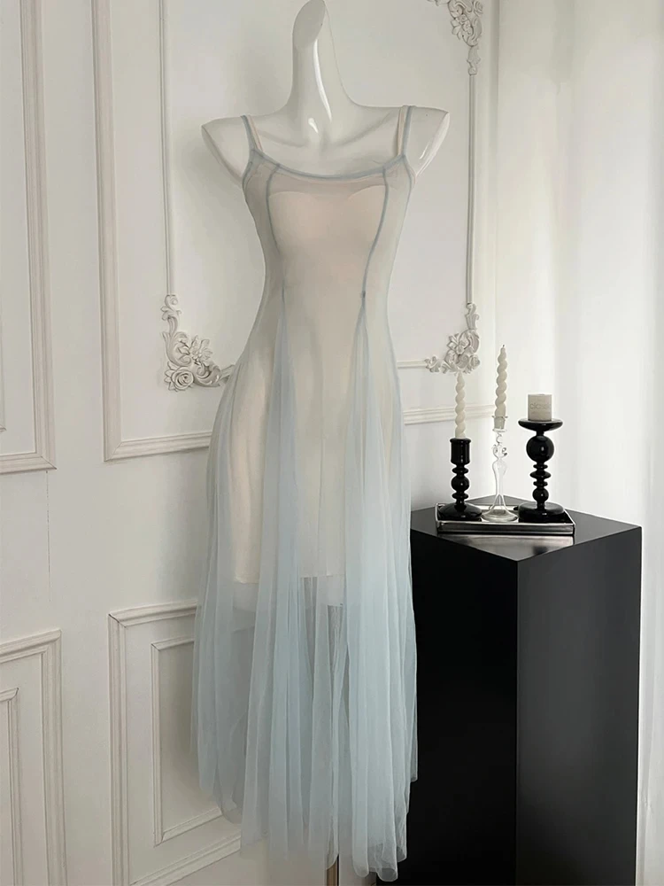 Vestido elegante sin mangas con cuello redondo para mujer, vestido de encaje de una pieza, vestido Midi Retro de fiesta de noche de hadas Vintage, moda francesa de verano