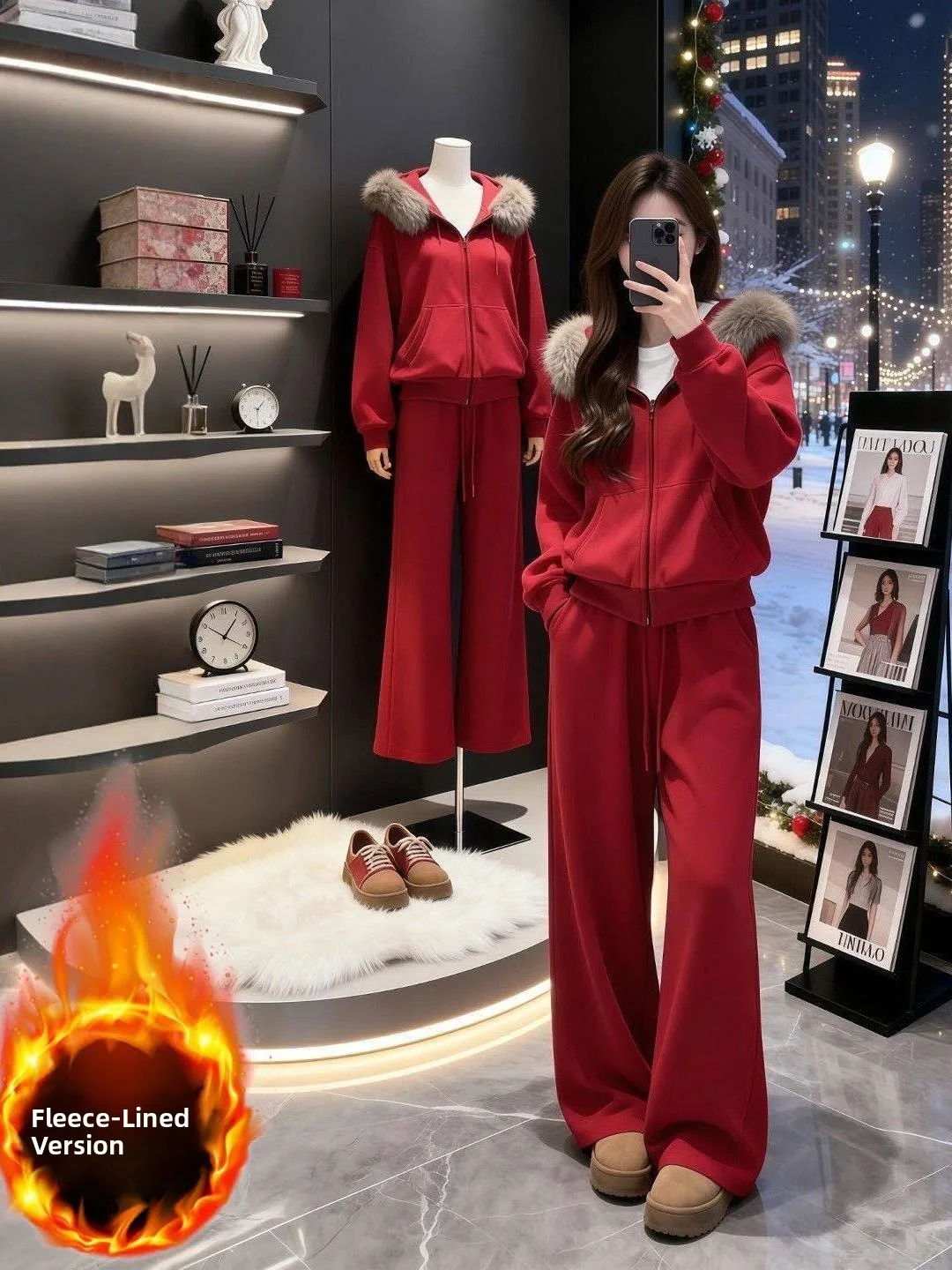 

Women's Fleece Lined Hooded Sportswear Set Red Warmth Winter Coat Collar Long Pants Two Piece Set Lazy Style Polyester Fiber