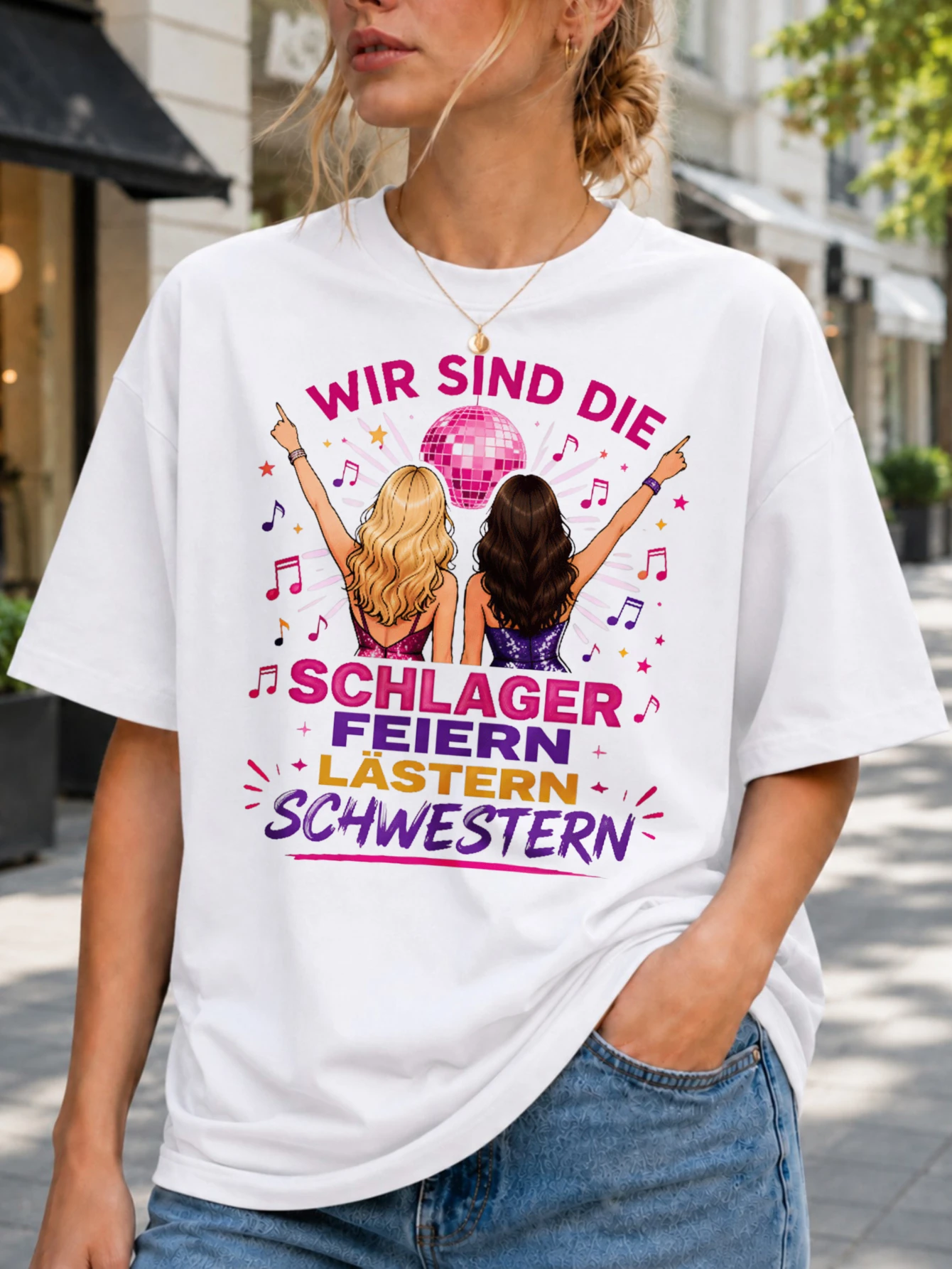 Wir Sind Die Schlager Lastern Schwestern Tee with two disco ball pink purple notes and party sister  Unisex All T-Shirt