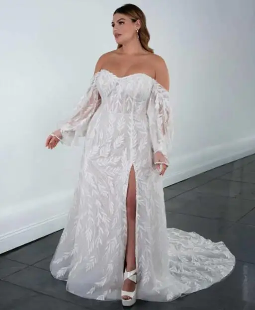 

Plus Size Wedding Dresses A-line Long Sleeves Tulle Lace Slit Boho Bohemian Wedding Gown Bridal Dresses Vestidos De Novia