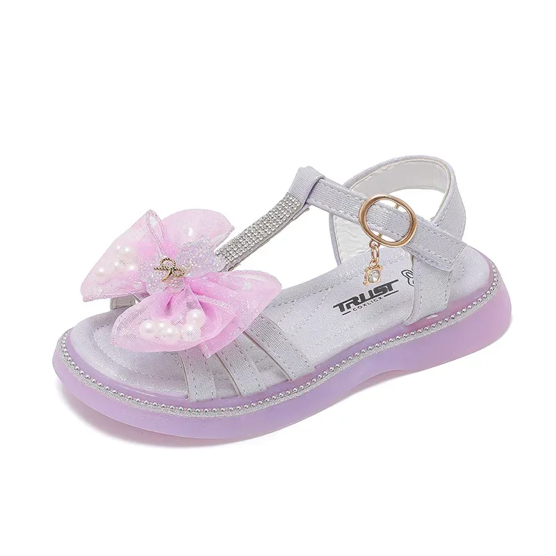 Girls Princess Bow-knot Sandals with Bear Kids T-strap Crystal Shoes Fashion Children Pearls Mary Jane Shoe for Party Wedding