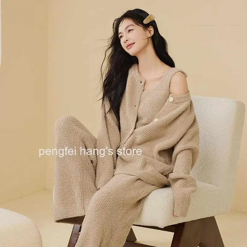 Women New Soft Half Sided Fleece Pajama Set Korean Style Sling Loungewear Autumn Winter Wearable Outside Sleepwear