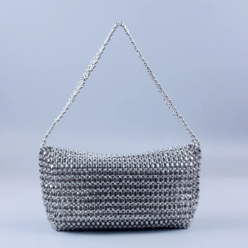 Handmade Metal Silver Beaded Bag Luxury Design Hollow Out Shoulder Underarm Bag Party Evening Club Armpit Bag Purse High Quality