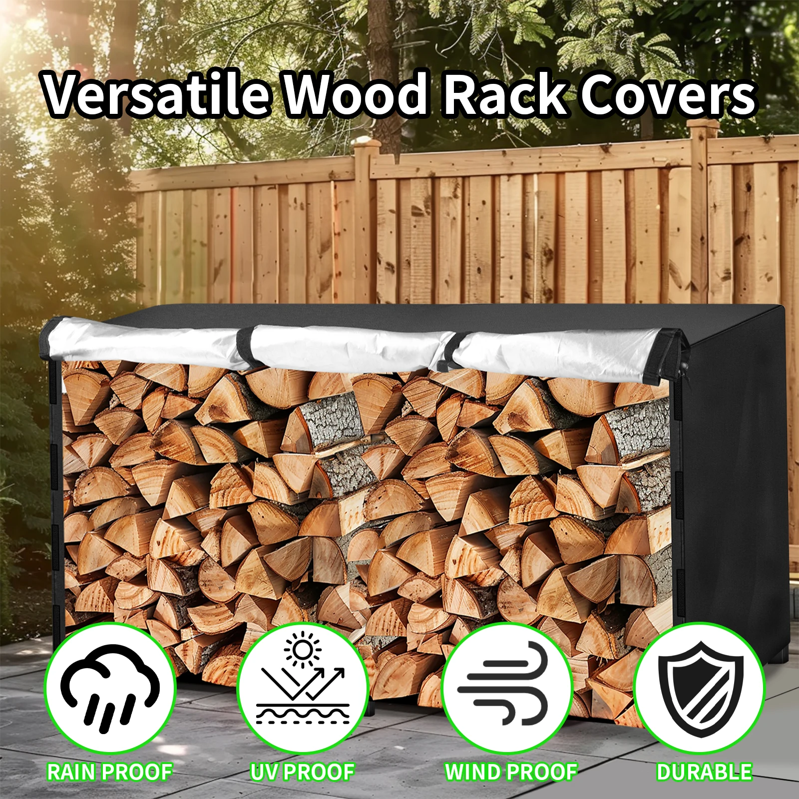 Log Rack Cover Outdoor Waterproof Wind/Snow proof Firewood Covers Log Storage Covering for Patio Garden Backyard Oxford Fabric