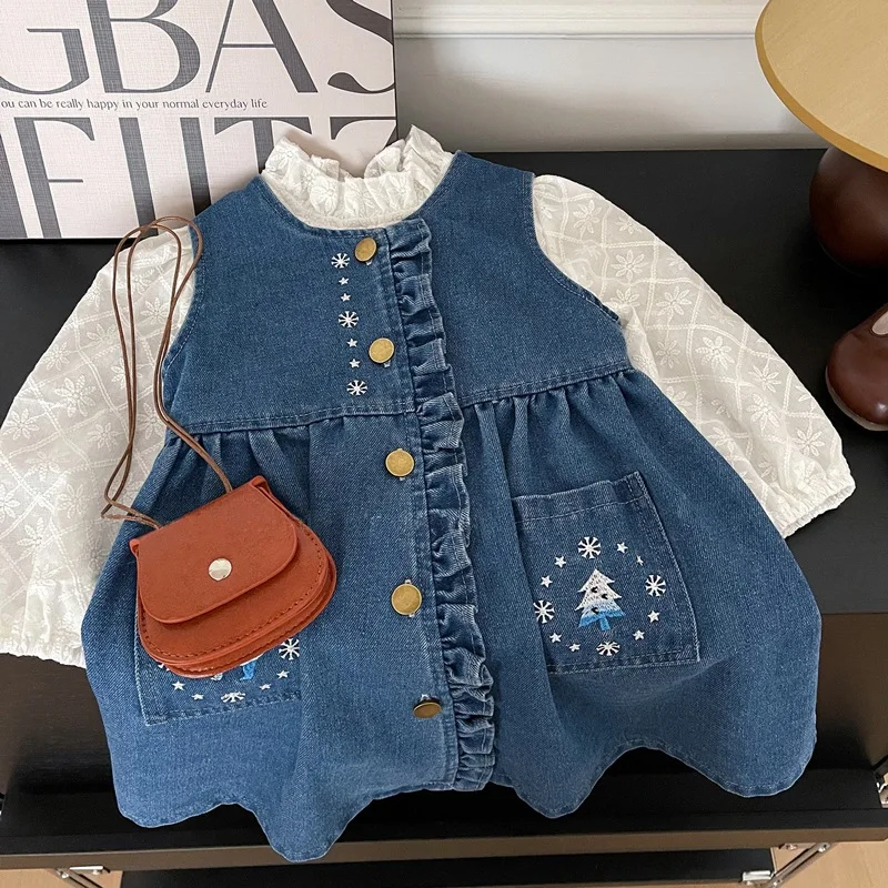 

Children's Girls' Western Style Embroidered Princess Dress Spring New Girls' Preppy Style Trendy Match Denim Vest Dress