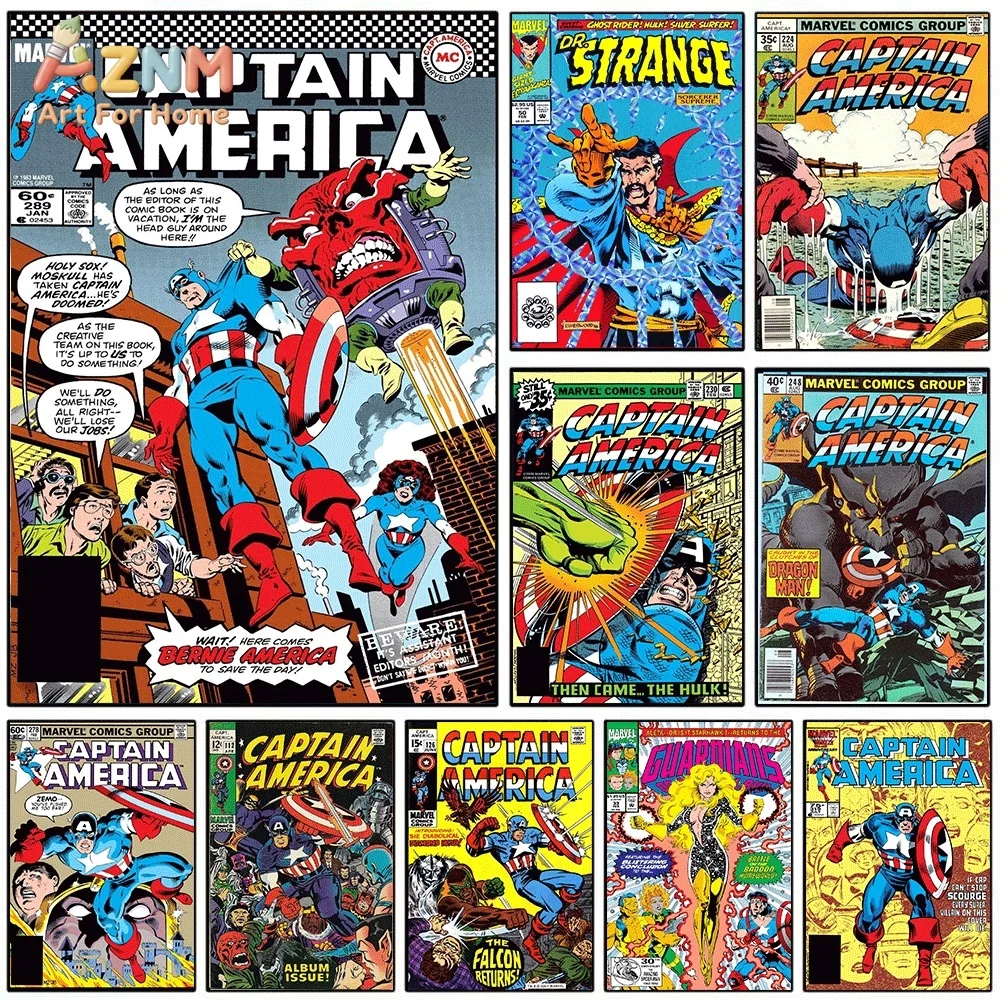 Póster de Lona Vintage Retro con Portada de Cómic del Capitán América y Doctor Strange, Impresión de Arte de Pared sin Marco, Pintura en Lona para Sala de Estar