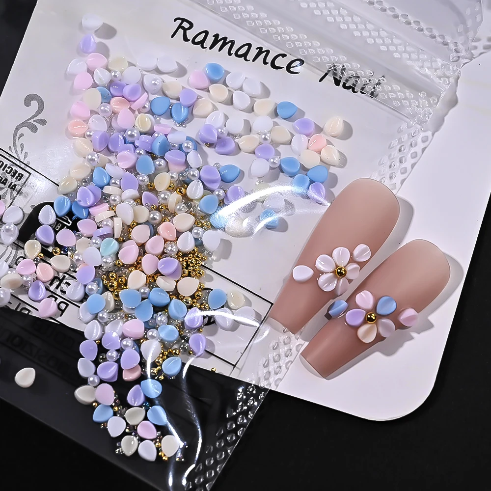 150 Uds. De pétalos de flores acrílicas 3D, dijes para uñas, flores coloridas con perlas, cuentas de Caviar, diamantes de imitación para uñas, sin necesidad de pintura tallada # %