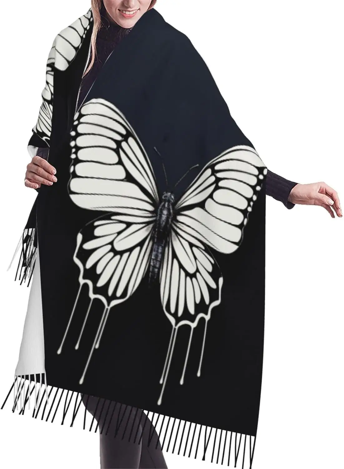 

Шарфы для женщин, теплый зимний шарф с кисточками, большие шарфы-одеяла, черно-белая шаль с бабочкой, шарф