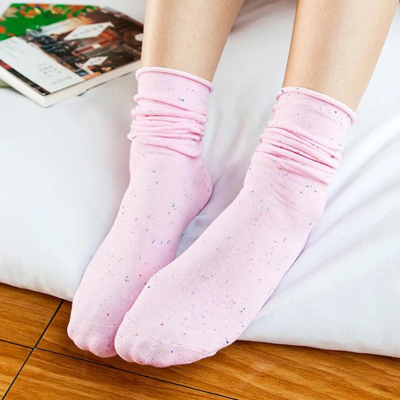 

Short Socks for Women Winter Knit Elastic School Style Meias Colorful Dots Pattern Pink Red Beige Girls Sock