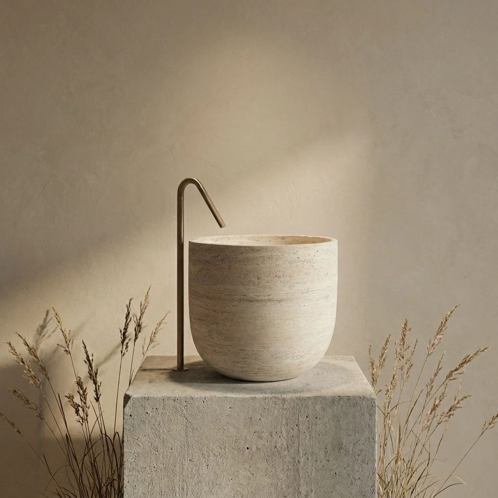 #P Aquarius High-Grade Travertine Modern Round Wash Basin for Villa Hotel Bathroom Customization