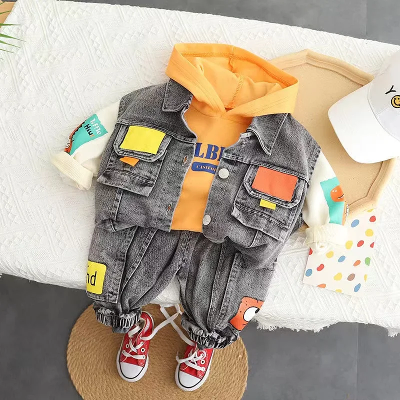 Children Boys Solid Denim Pants Suit Autumn Elastic Waist Boys Jeans hoodies vest Sets Young Kids Boys Casual 3pcs