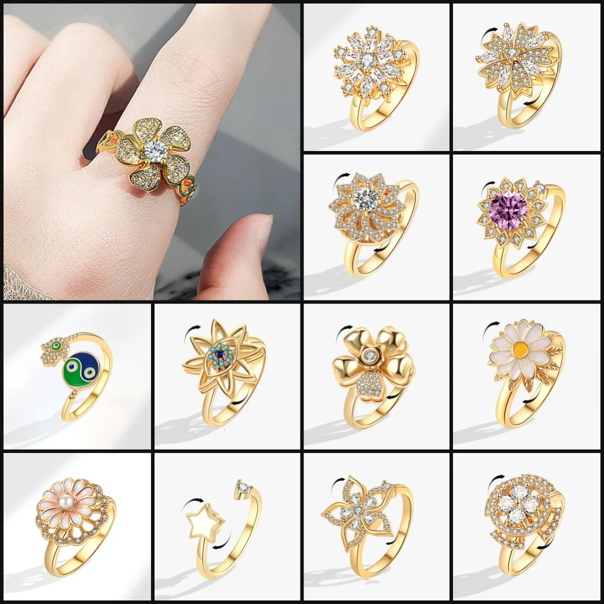 A Variety Of Zircon Rings Woman Luxury Pearl Accessories Rotate Freely Anxiety Rings For Girl Fidget Toy 2025New Fashion Jewelry