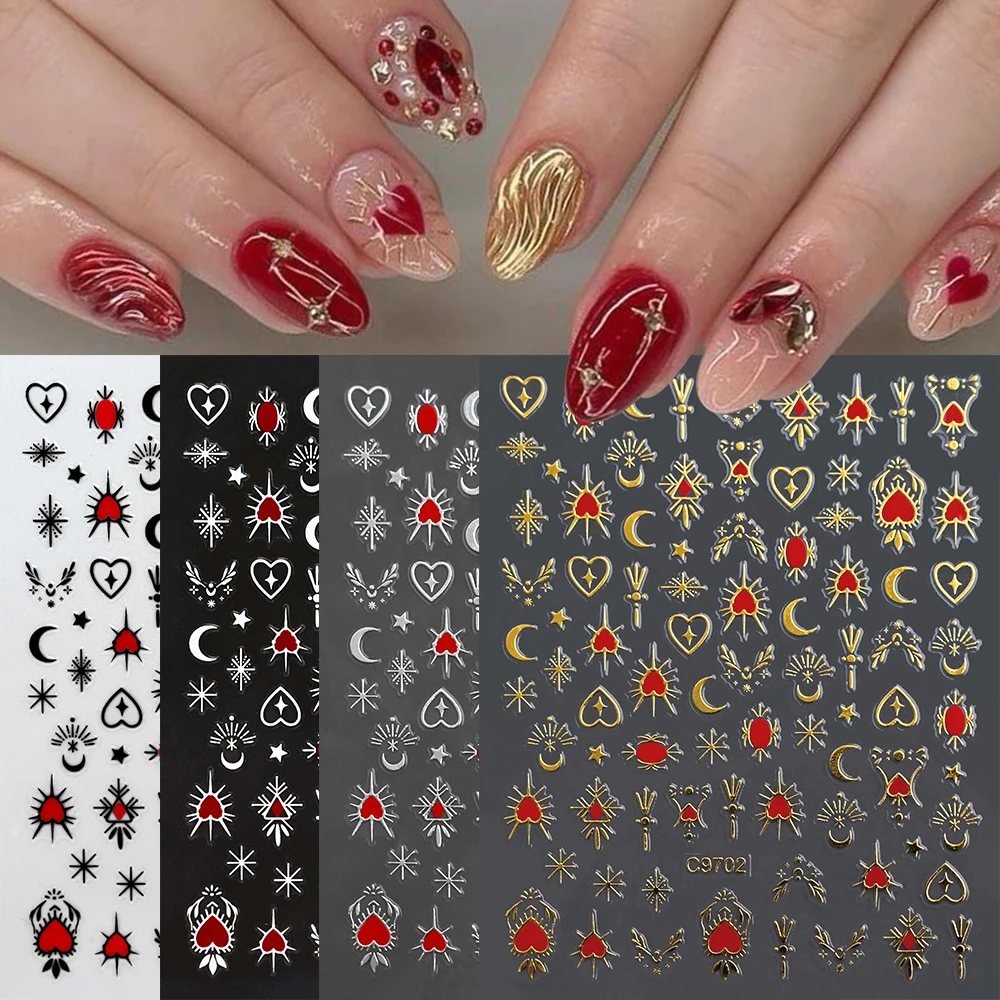 8 pièces/ensemble 3D bronzant argent coeur ongles autocollants métal Starlight lune soleil holographique ongles curseur Y2K Nail Art décalcomanie manucure Acc