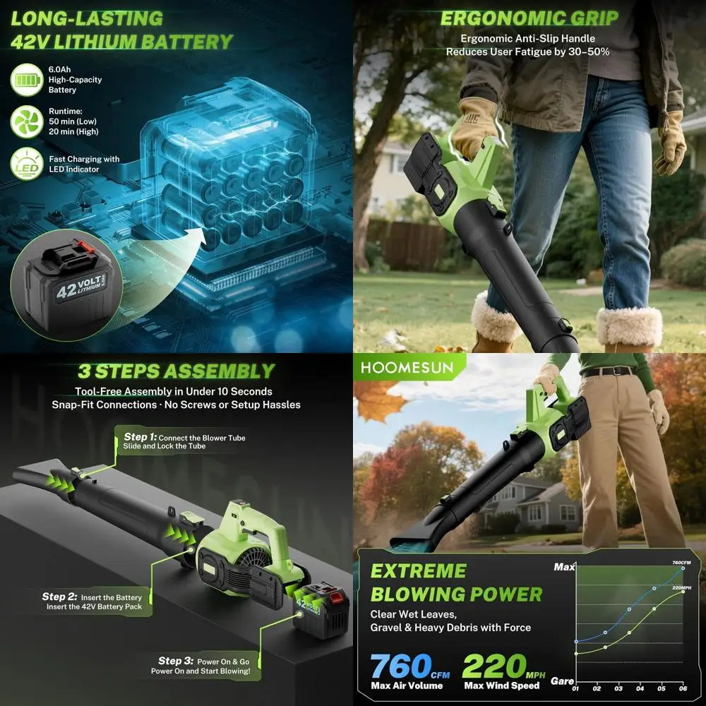 

6-Speed 42V 6.0Ah Electric Blower, 710cm & 200MPH, Lightweight for Yard, Lawn, Dust, and Cleaning