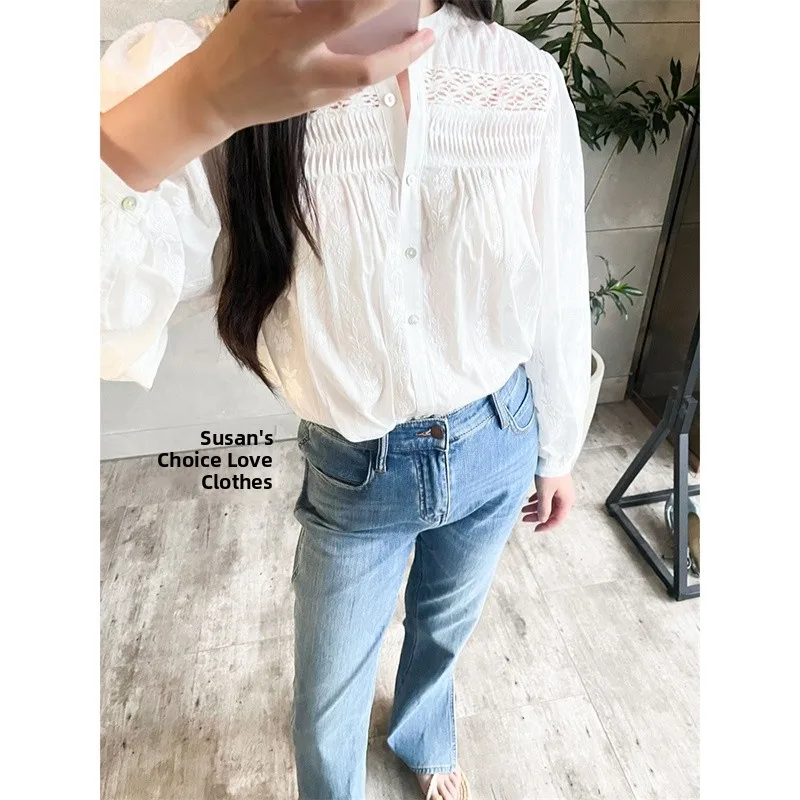 เสื้อทรงตรงผ้าฝ้ายสีขาวปักลายฉลุสำหรับผู้หญิง ยี่ห้อ Susan รุ่น Ne Bubble Sve สำหรับต้นฤดูใบไม้ร่วง