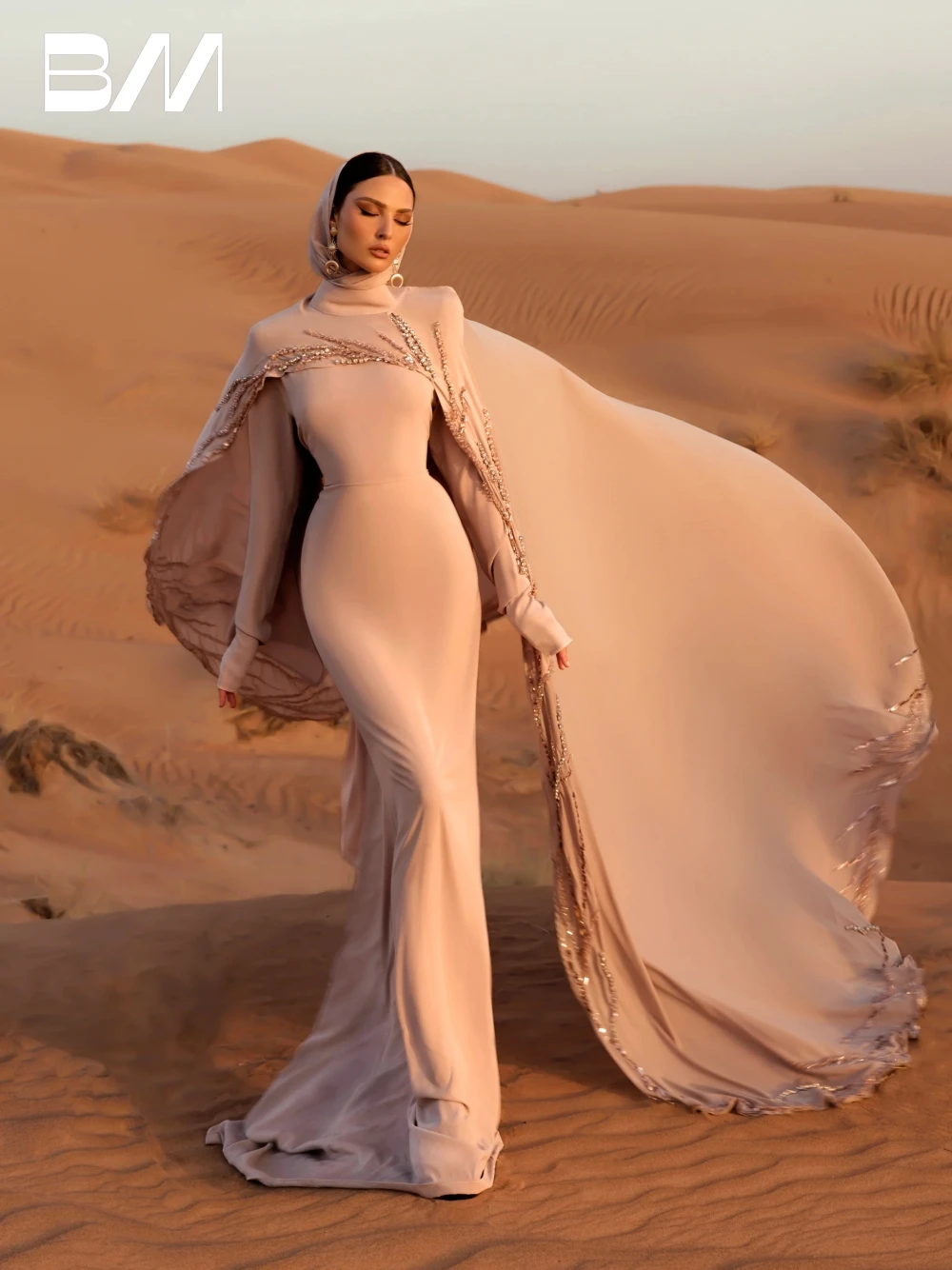 

Fashionable Blush Fitted Evening Dress With Hijab and Draped Embellished Cape For Muslim Women Customized Charming Prom Gown