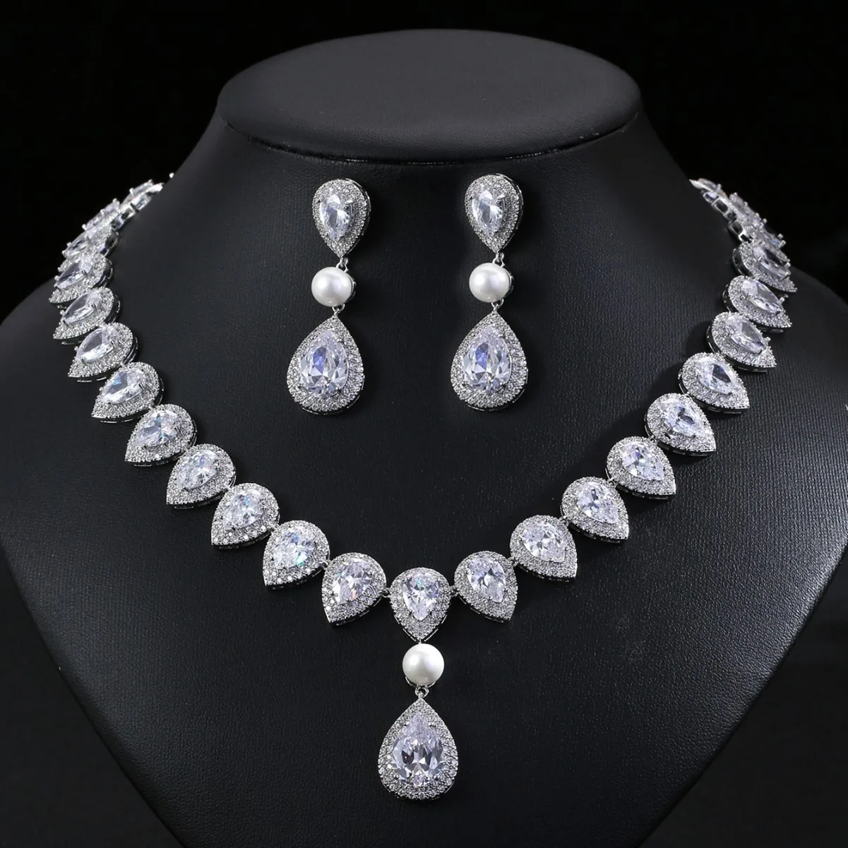 عبر الحدود الأوروبية والأمريكية الزركون قلادة القرط مجموعة، الراقية فستان الزفاف الزفاف، مجوهرات مأدبة، مجوهرات اللؤلؤ fo #2