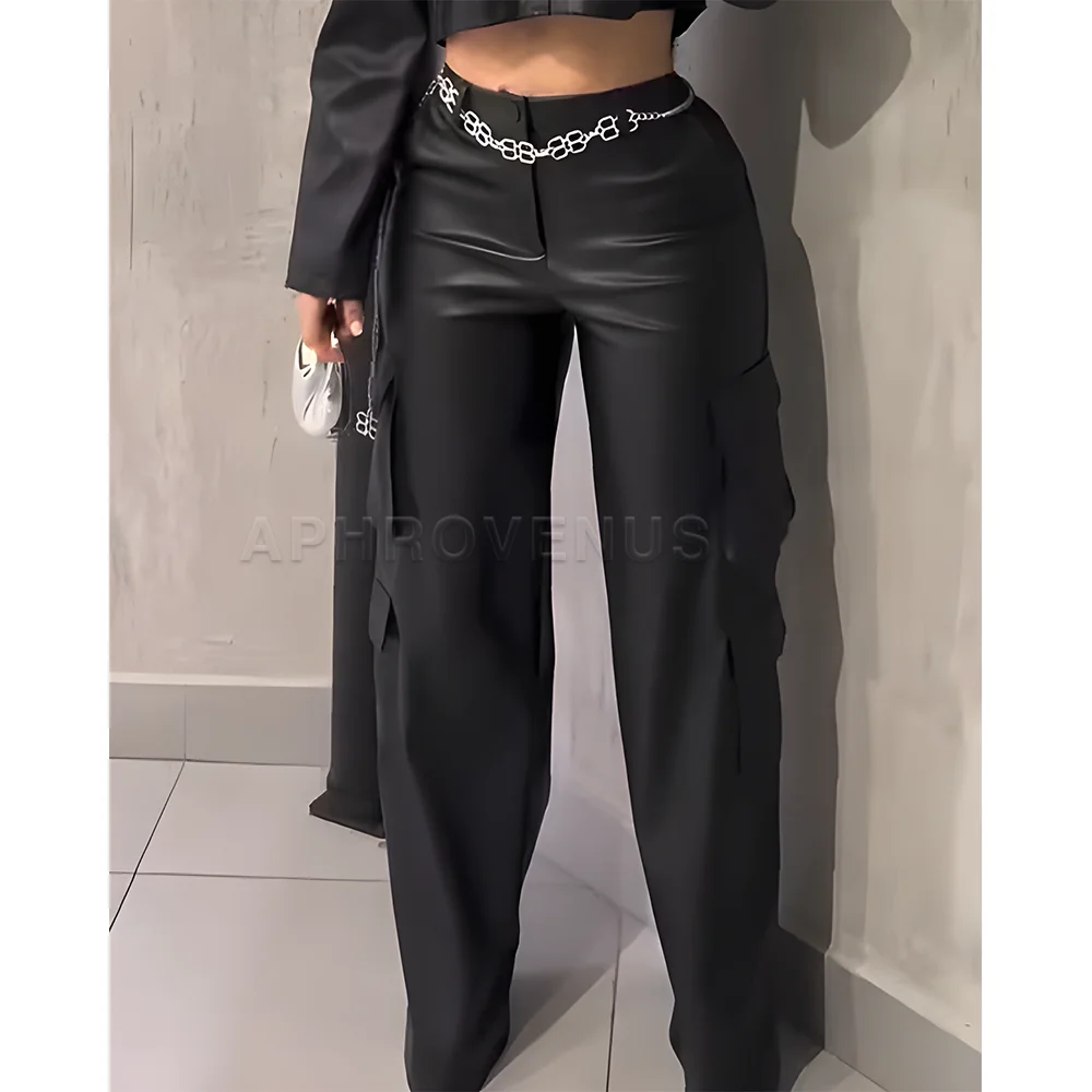 Women's High Waist Leather Cargo Pants Wide Leg Loose Fit Casual Trousers with Multi Side Pockets Trendy Daily Streetwear