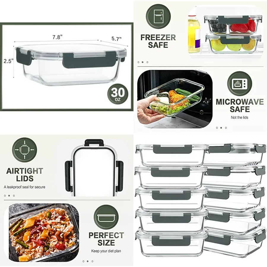 

10 Packs 30 oz Glass Meal Prep Containers, Glass Food Storage Containers with Lids, Airtight Lunch Bento Boxes, Microwave, Free