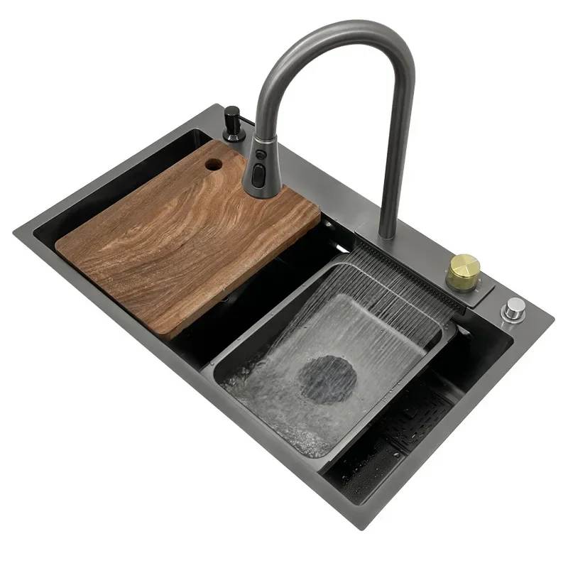 multifunctional stainless steel single bowl nano black kitchen waterfall kitchen sink with cup washer colander basin