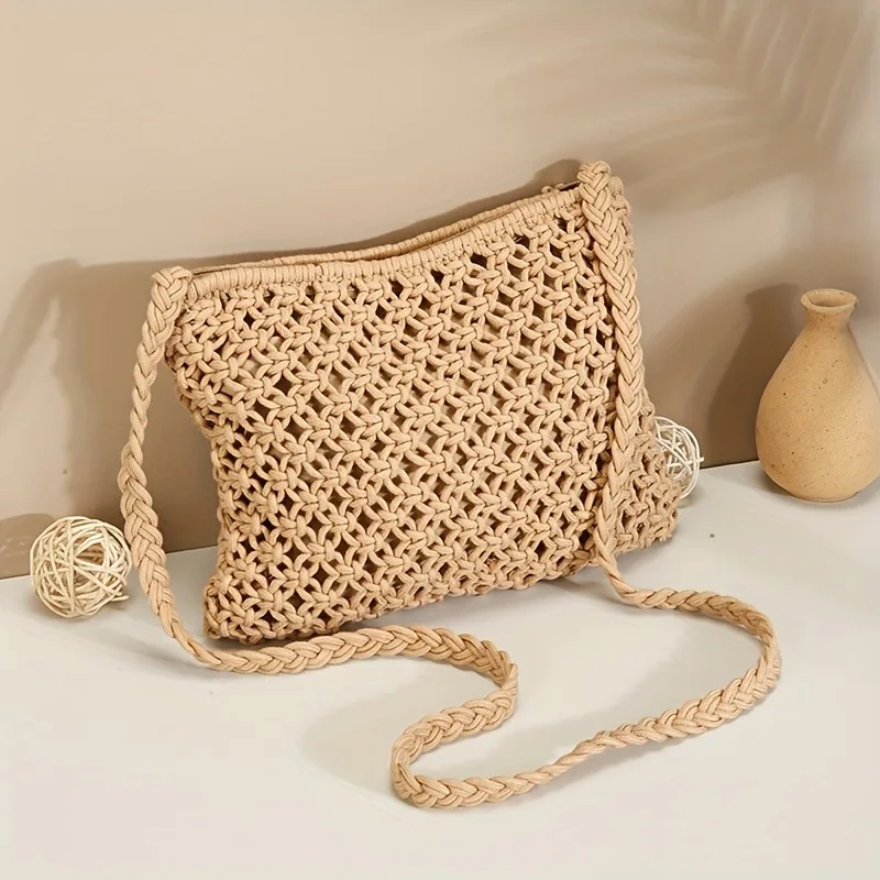 Handmade Bohemian Woven Rope Crossbody Bag with Tassel Detail, Summer Beach Clutch Shoulder Bags for Women, Geometric Design view 5