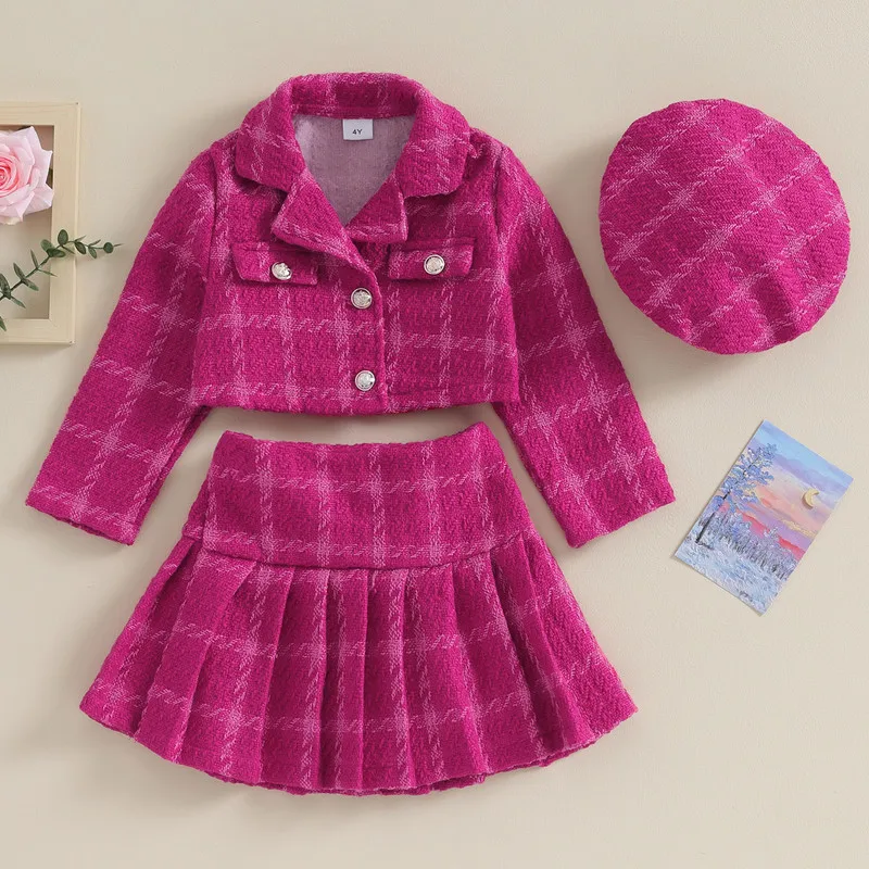 Children Girl Skirt Sets Spring Autumn Clothes 3 Piece Outfits Elegant Long Sleeve Button Coat Pleated Plaid Skirt Hat Set