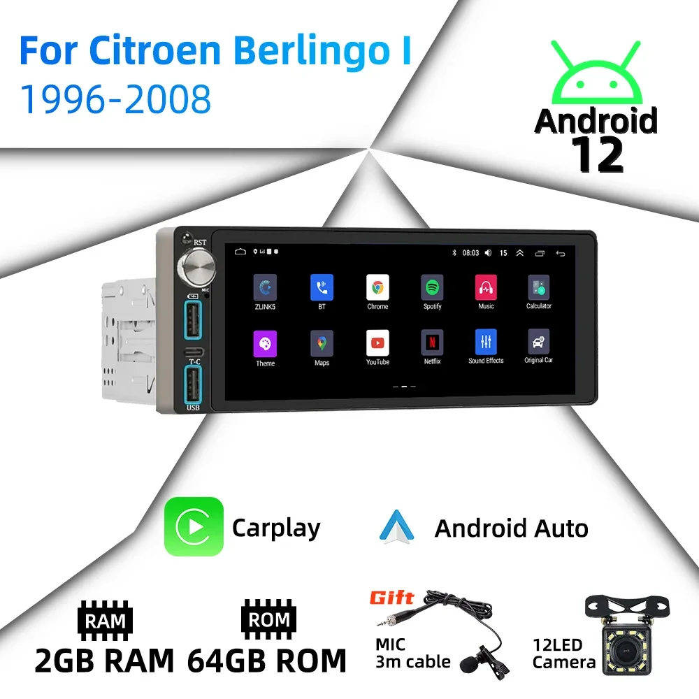 

6,86 "экран Android автомобильный мультимедиа для Citroen Berlingo I 1996-2008 1 Din радио стерео головное устройство авторадио Carplay навигация