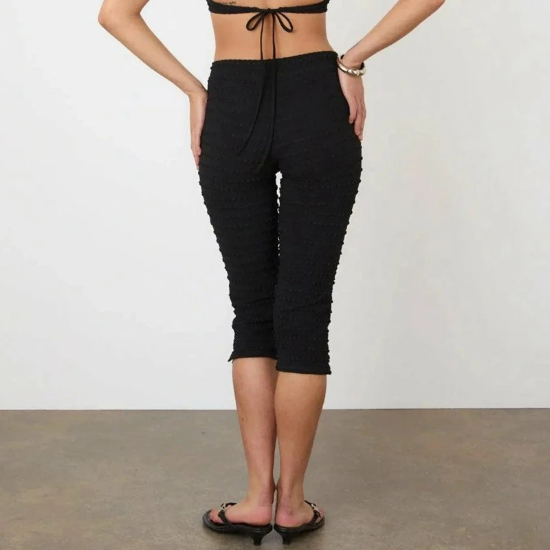 Womens Y2K Vintage Solid/Plaid Textured Pattern Cropped Leggings Elastic High Waist 3/4 Length Slim Pants with Side Split Hem