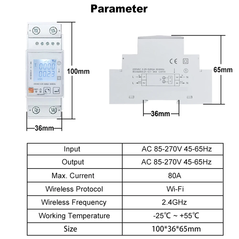 Tuya Smart Eenfase ZigBee/WiFi Energiemeter AC85-270V 80A 45-65Hz Din Rail Power Monitor KWh Wattmeter Voltmeter Ampermeter