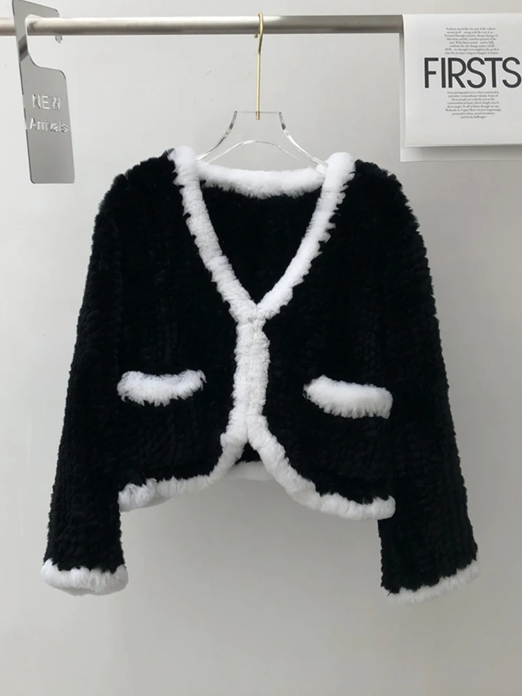 Furyume cappotto da donna in vera pelliccia di coniglio Rex corto giacca con scollo a v lavorata a maglia naturale capispalla stile sciolto autunno e inverno