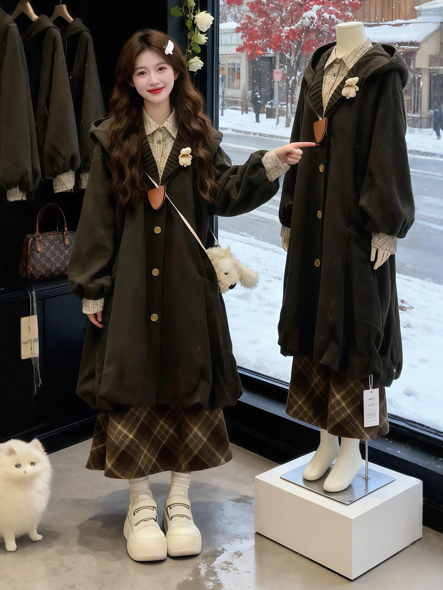 

Зимний модный комплект: длинное шерстяное пальто большого размера, юбка в клетку и ретро-футболка. Женский повседневный комплект свободного кроя.