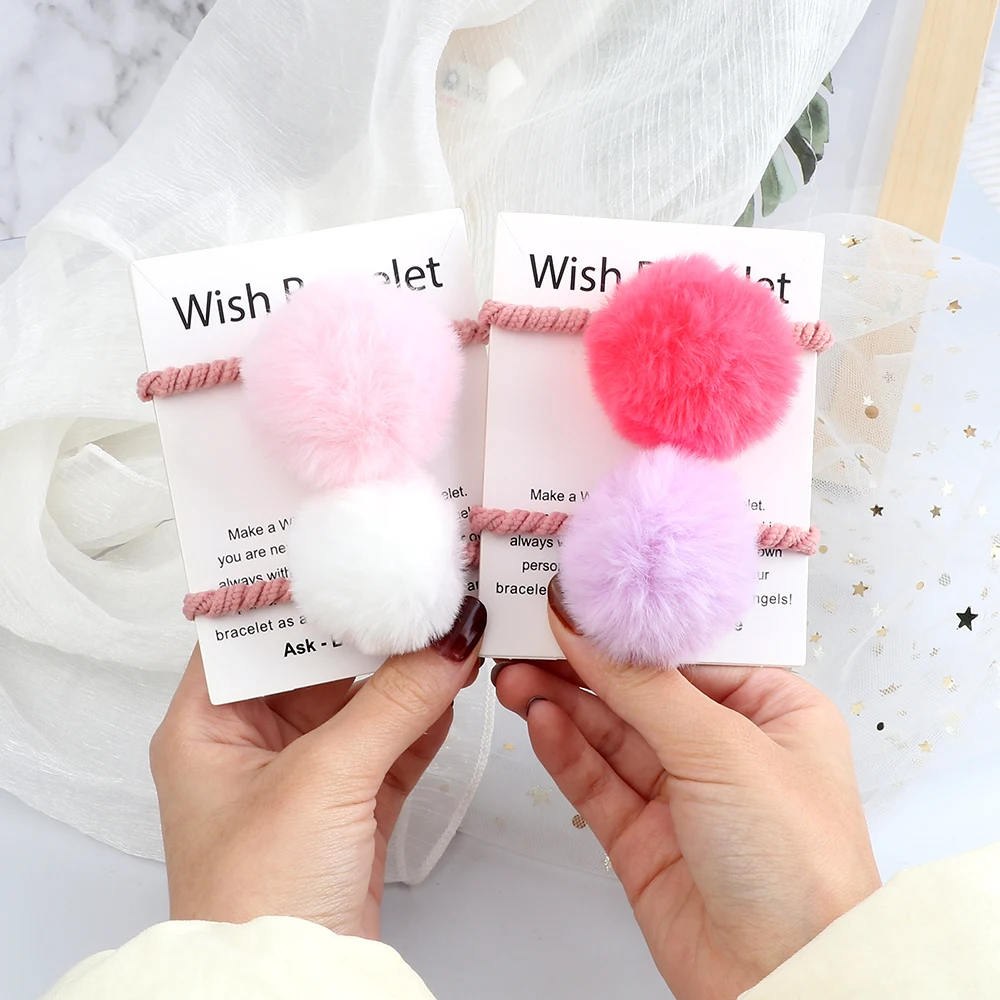 2Pcs/Lot Cute Hairball Hair Band Girls Colorful Pompom Elastic Rubber Scrunchie Fashion Kids Headband Hair Accessories Wholesale