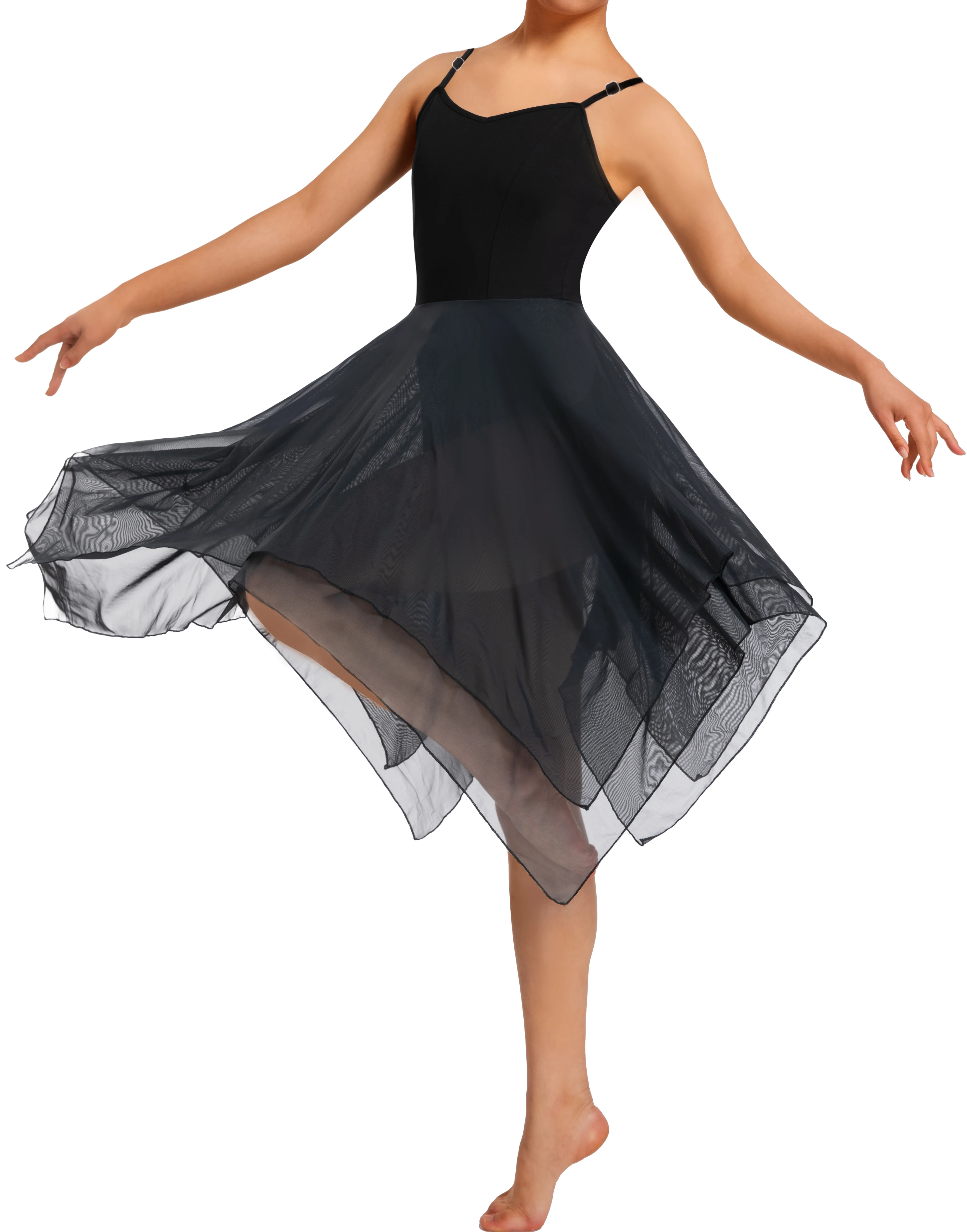 Women Modern Lyrical Dress Camisole Dance Costume Ballet Asymmetric High-Low Mesh Skirted Sleeveless Leotard Gymnastic Dancewear