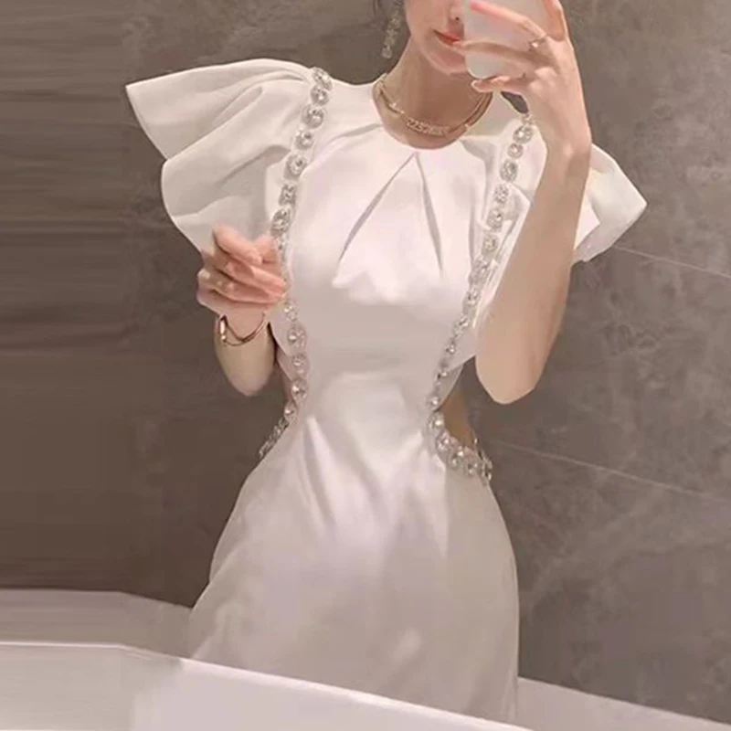 2023 summer new round neck bubble sleeve nail drill waist show thin A-line dress women vestidos de mujer summer dress women