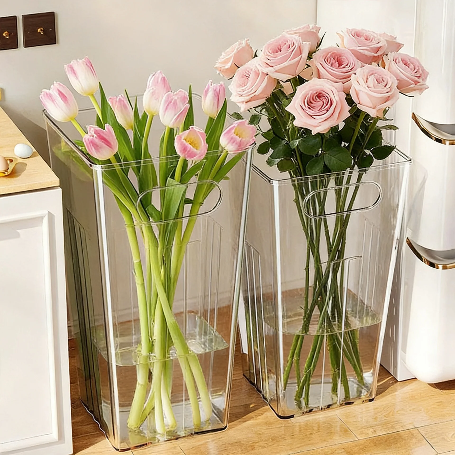 Square Plastic Flower Vase Transparent  Flower Bucket Kitchen Vegetable Sorting Bucket Floral Arrangement Cylinder for F...