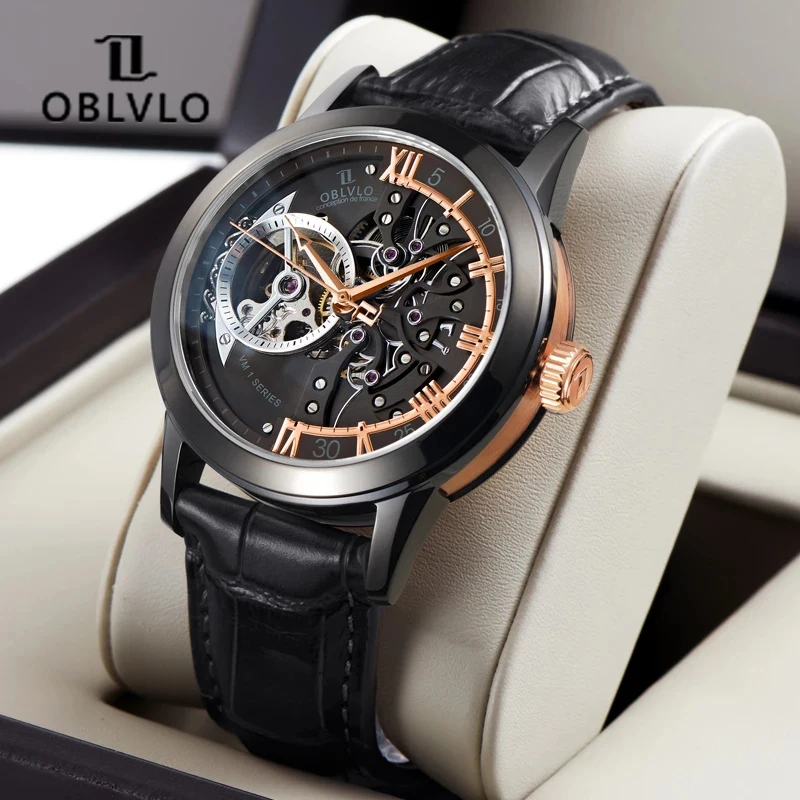 

OBLVLO Fashion Casual Men Watches Skeleton Automatic Mechanical Watches Genuine Leather Strap Sapphire Mirror Waterproof Clock