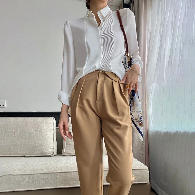 Spring Autumn Elegant Office Lady Solid Color Polo-Neck Shirt Korean Long Sleeve Folds Fashion Single-breasted Blouse for Female