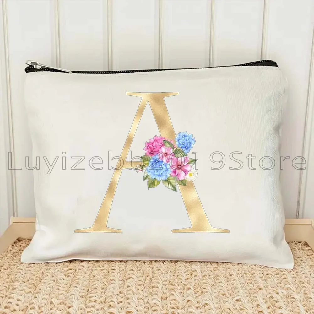 Gold Floral Letter English Alphabet Flowers Initial Letter Gifts Canvas Cosmetic Bags Makeup Brush Organizer Pouch Toilet Bags