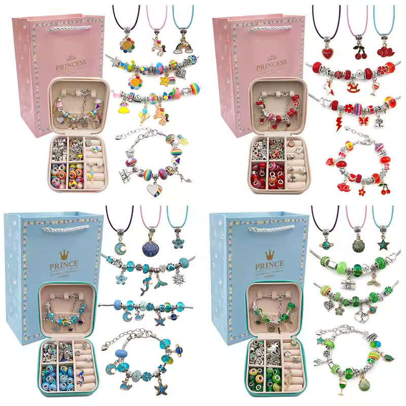 ערכת יצירה ליצירת צמידים עם 66 תליונים, חרוזי תכשיטים, שרשרת נחש, קופסת מתנה ליצירת צמידים בעצמך