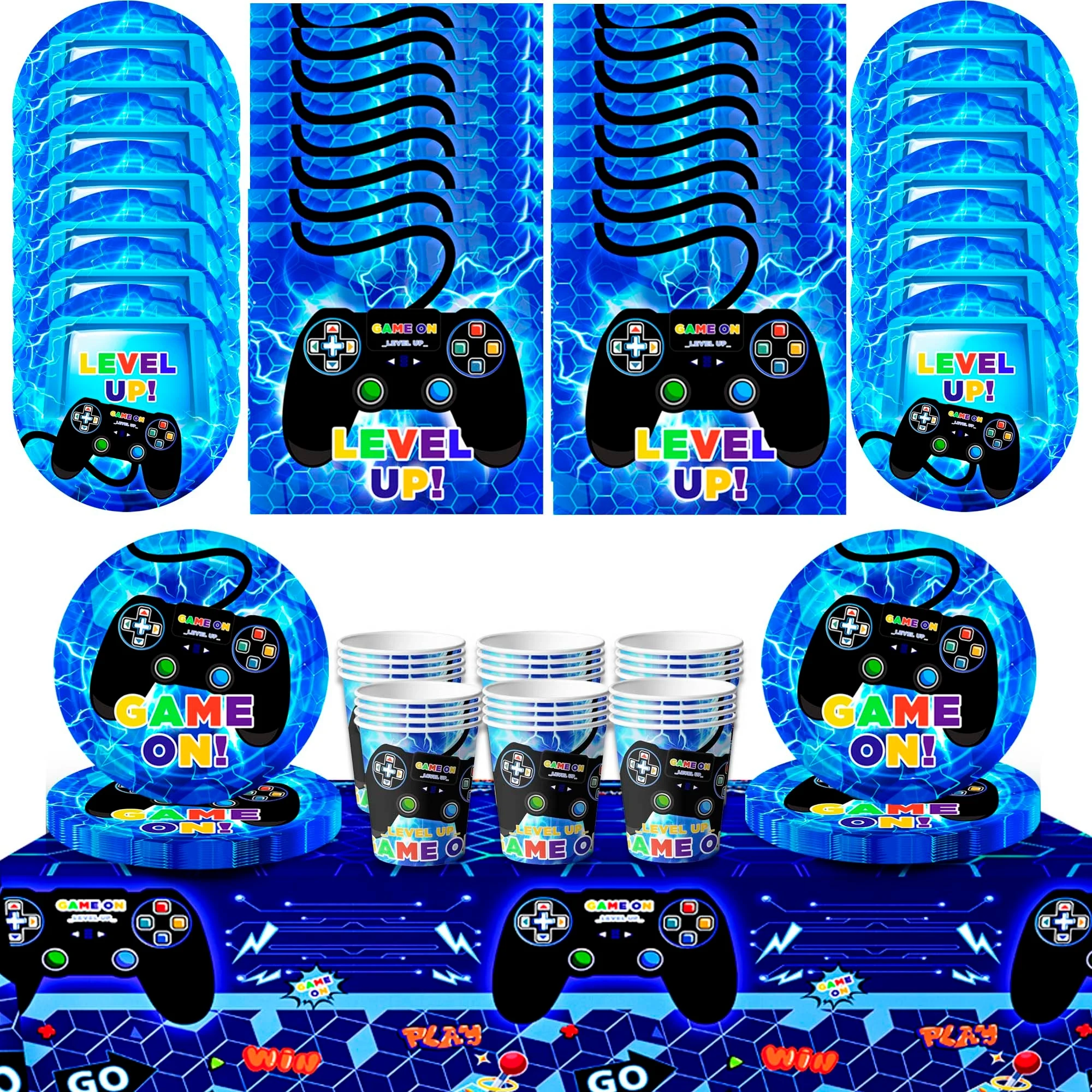 

Синие украшения для дня рождения геймера, 130 шт., набор посуды для игровой вечеринки-игровые тематические тарелки для вечеринок, чашки, салфетки, скатерть и т. д.