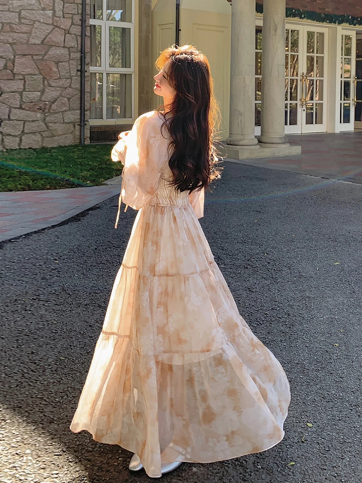 Ele Blumendruck Langer Damenrock für Frühling und Herbst mit Hoher Taille, A-Linie, Koreanischer Stil, für Pendler, Langer Rock für Teepausen