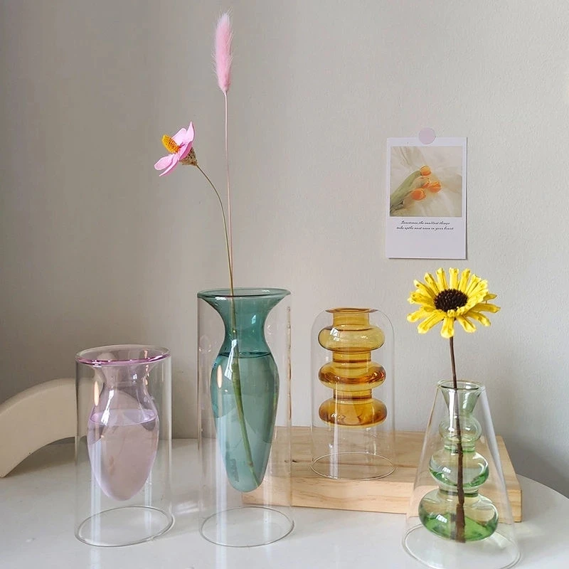 

Vase Living Room Decoration Modern Home Decor Terrarium Flower Pots Decorative Desktop Transparent Color Art Double Glass Vase