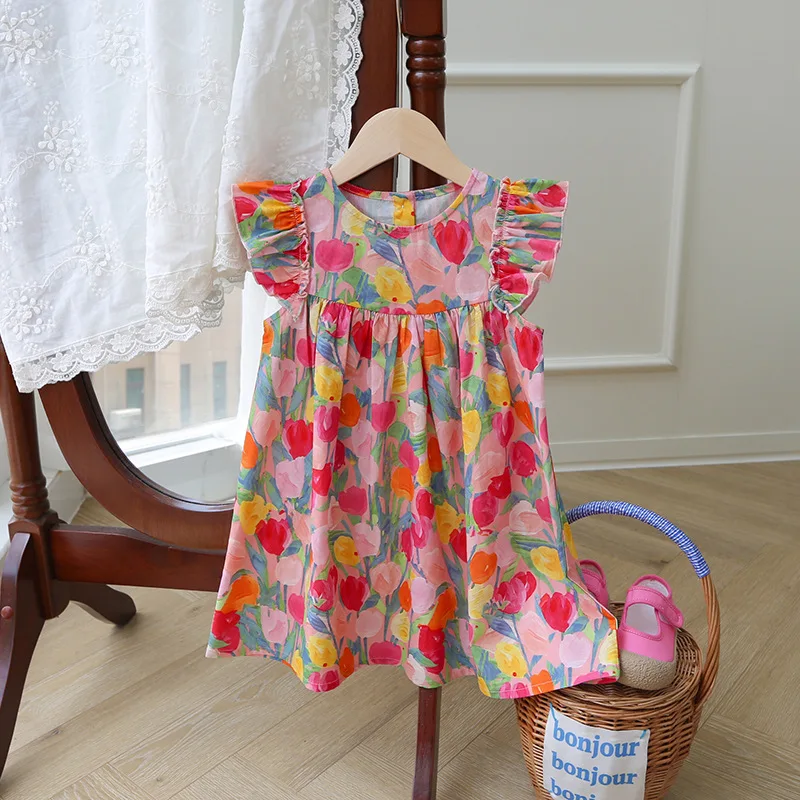 

Sweet Round Neck Tulip Dress for Girls, New 2025 Summer Style with Small Flared Sleeves, Fashionable Children's Clothing