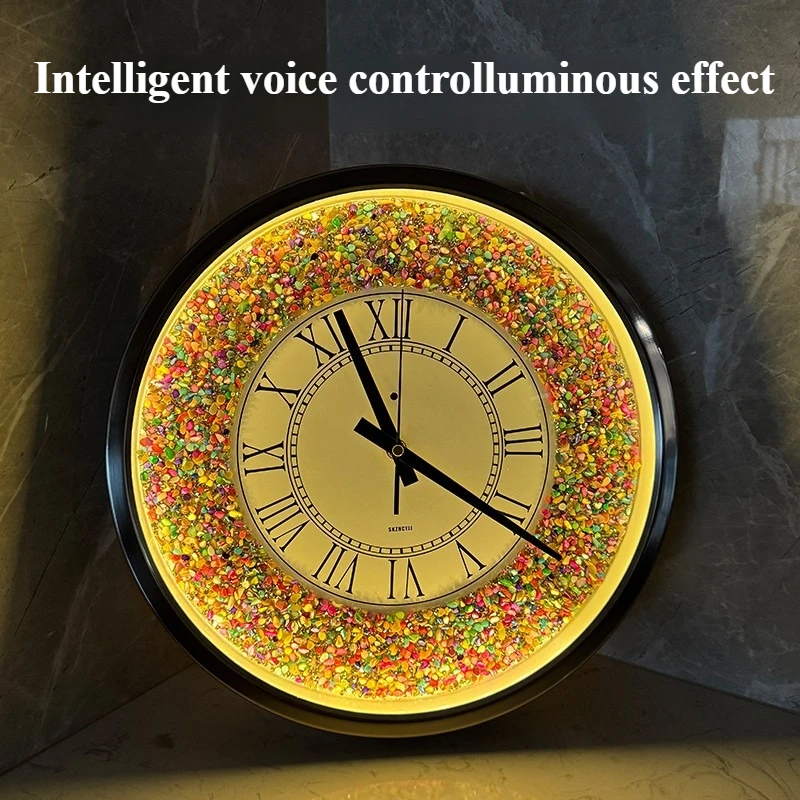 Home Luxury Wall Clock Colorful Diamonds Intelligent Voice Controlled Luminous Craft Clock Metal Silent Living Room Table Clock