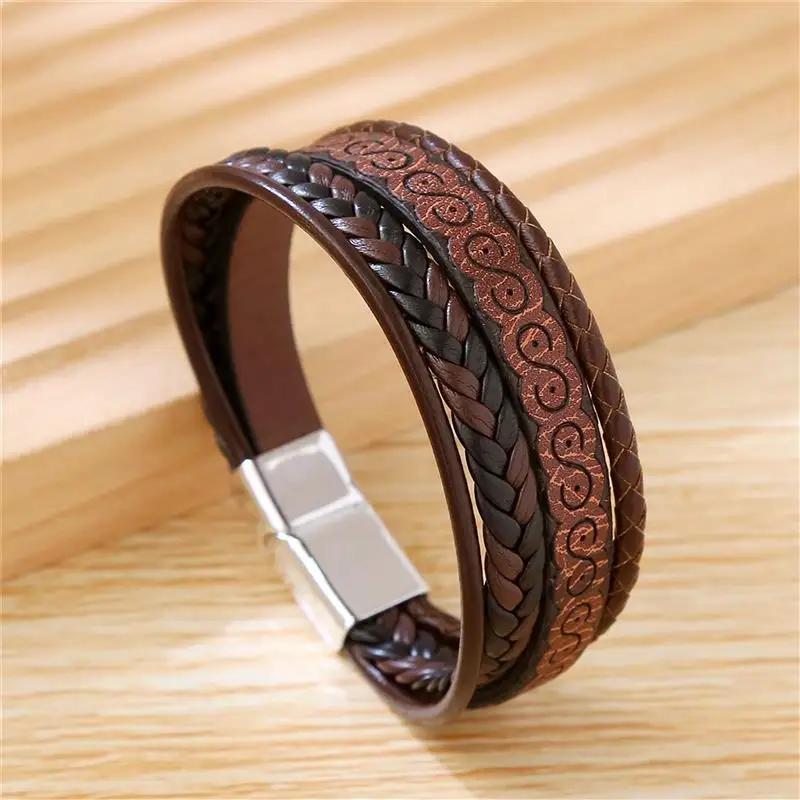 Jiayiqi Vintage Leather Bracelets Multilayer Punk Men Bangles Stainless Steel/Alloy Magnet Male Jewelry Bracelets Gift Wholesale