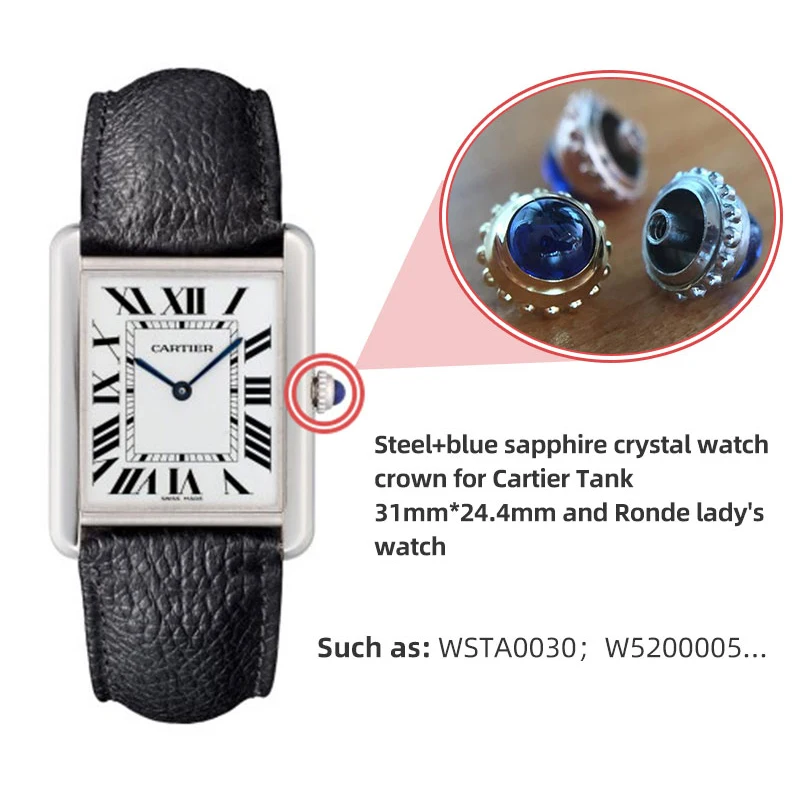 Steel Sapphire Crystal Watch Crown Handle for Cartier TANK 31mm*24.4mm Ronde Ladies/Unisex Watch