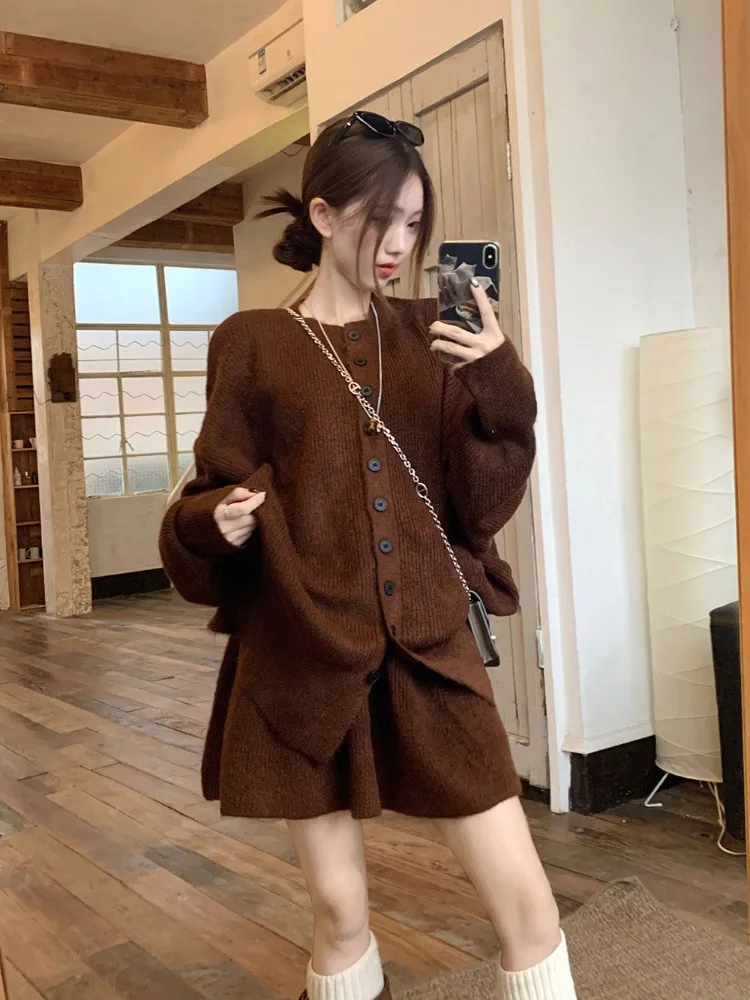 Ezgaga Knitted Two Piece Sets Women Fashion Autumn Winter Cardigan Loose Stretch Solid Sweater Mini Skirts Ladies Suits Casual