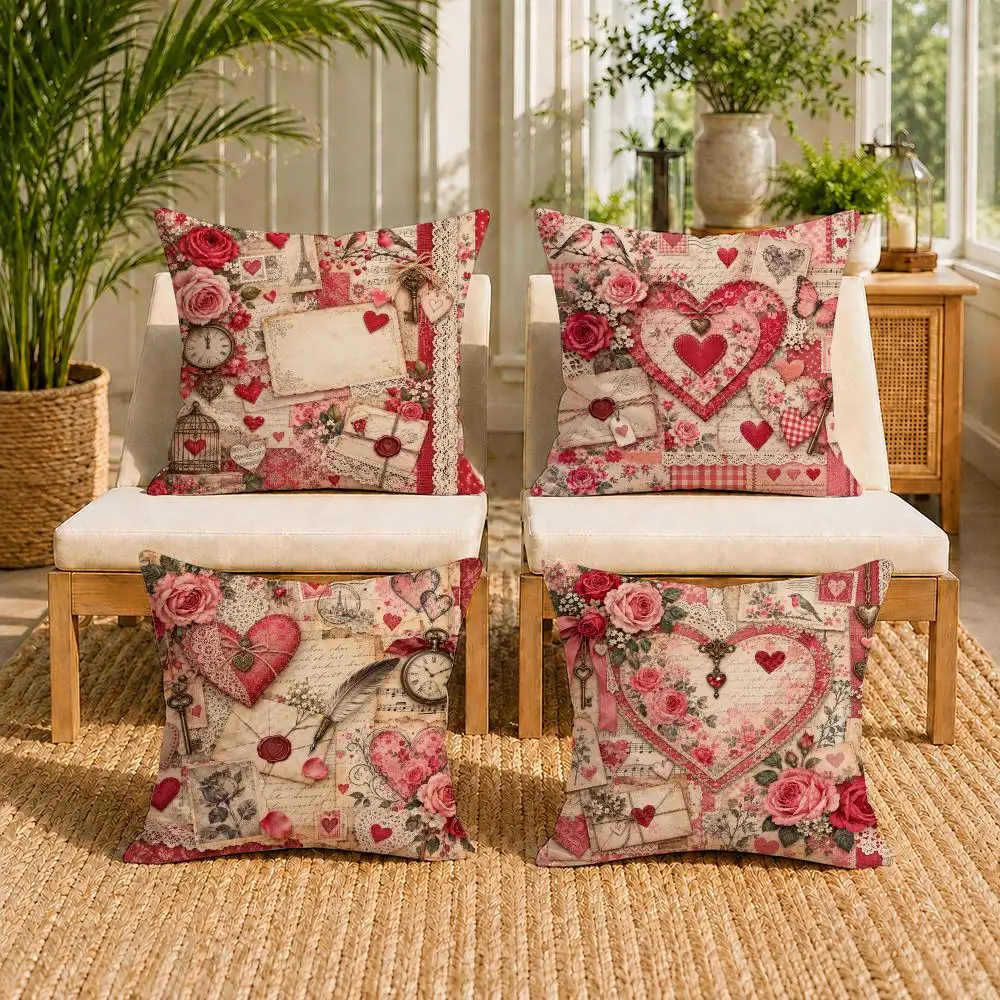 Vintage Heart Romantic Cushion Cover Double-Sided Plush Sofa Pillow Cases Organic Breathable Invisible Zipper