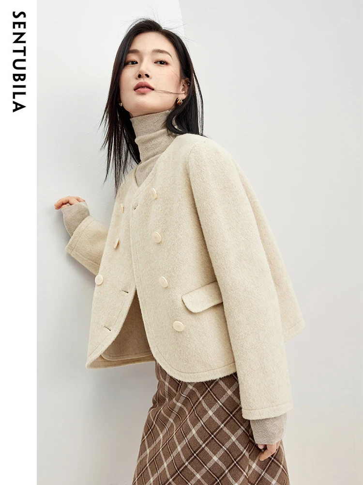 SENTUBILA Winter Wool Blend Cropped Coat Woman 2024 Autumn New Elegant Crew Neck Double Sided Wool Warm Jackets Top W34O49905